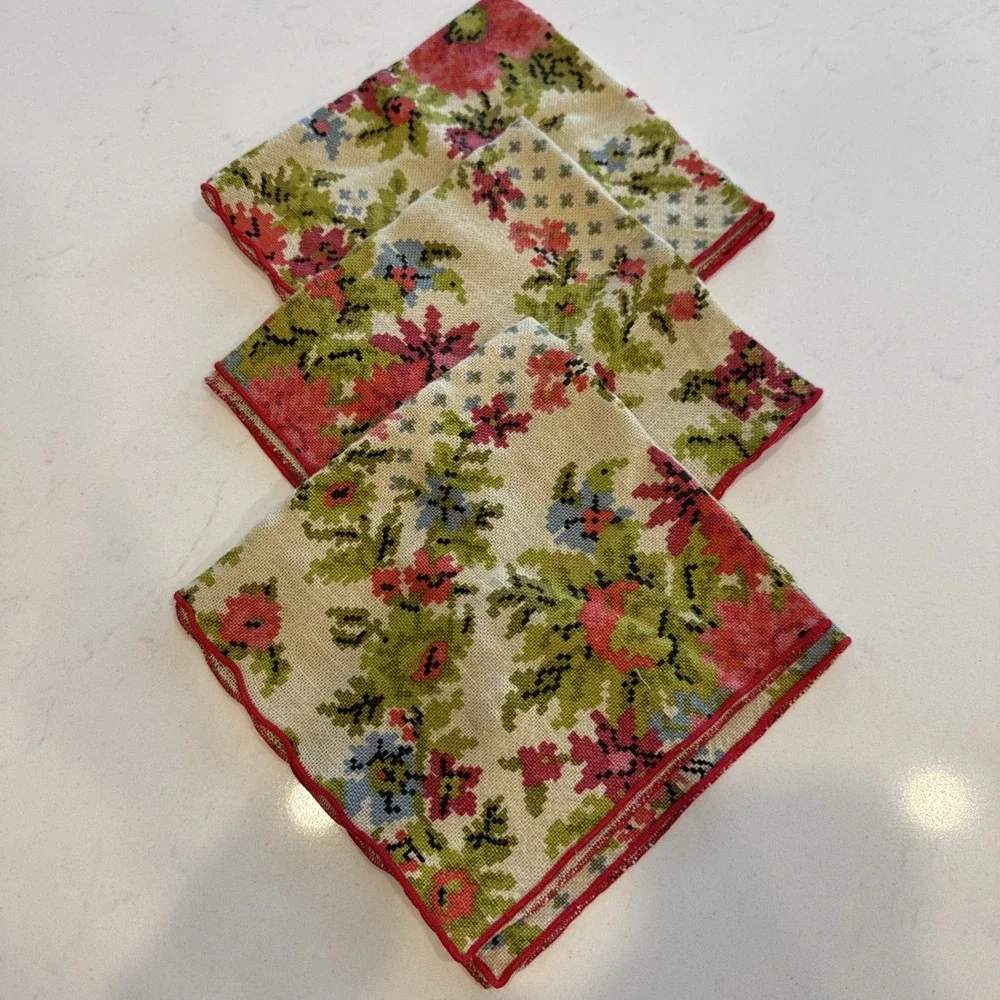 Vintage Floral Cross Stitch Print Napkins Set of 3 Red Merrow Edge Cottagecore